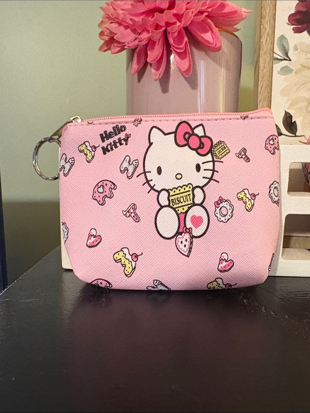 Hello Kitty Pink Coin Purse Key Ring Pouch with Snack Print